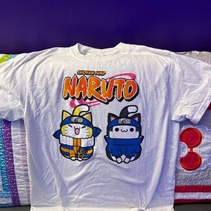 Hot topic medium white, orange, and blue Naruto (nyaruto) t-shirt.